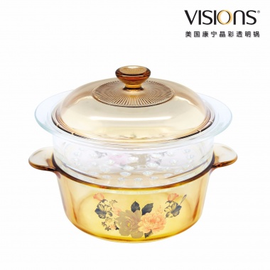 VISIONS 美国康宁晶彩透明锅VS-22-FLR+Glass Steamer  （2.25L花卉汤锅带20cm蒸格组合）