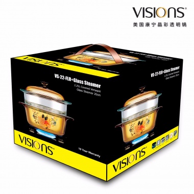 VISIONS 美国康宁晶彩透明锅VS-22-FLR+Glass Steamer  （2.25L花卉汤锅带20cm蒸格组合）